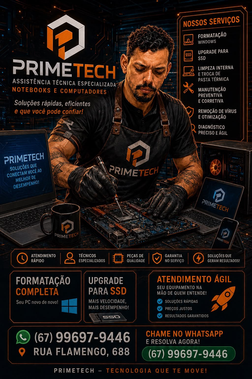 Técnico da PrimeTech realizando manutenção em uma placa-mãe